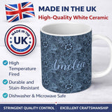 Personalized Custom Name Elegant Blue Botanical Floral Seamless Pattern Name Cute Unique Gift 11oz Ceramic Coffee Tea Mug White Large Handle