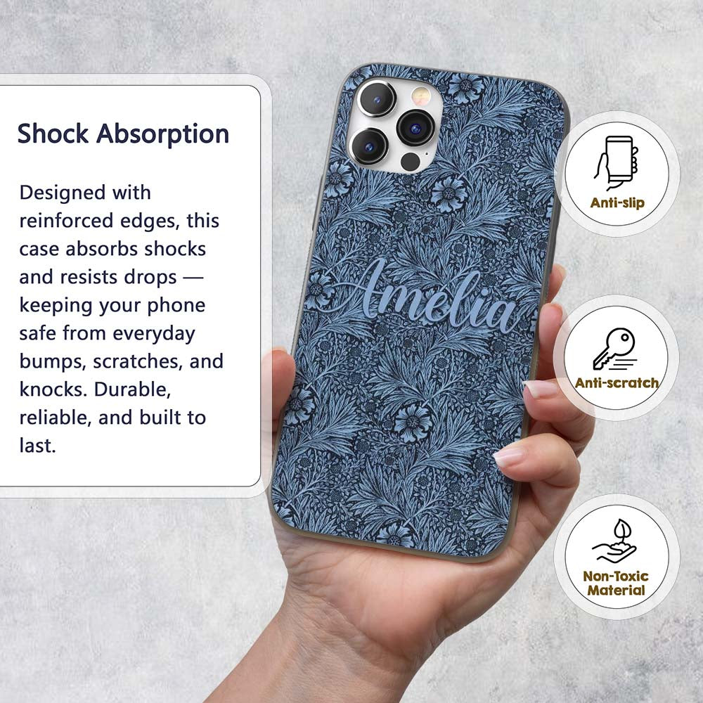 Elegant Blue Botanical Floral Seamless Pattern Custom Name Protective Phone Case Mobile Cover Durable Everyday Smartphone Shock Resistant