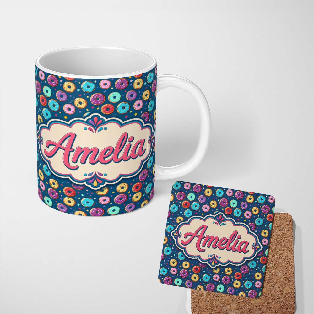 Personalized Custom Name Colorful Donut Sprinkles Pattern on Dark Background Seamless Name 11oz Ceramic Coffee Tea Mug White Large Handle