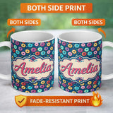 Personalized Custom Name Colorful Donut Sprinkles Pattern on Dark Background Seamless Name 11oz Ceramic Coffee Tea Mug White Large Handle