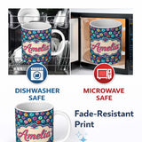 Personalized Custom Name Colorful Donut Sprinkles Pattern on Dark Background Seamless Name 11oz Ceramic Coffee Tea Mug White Large Handle