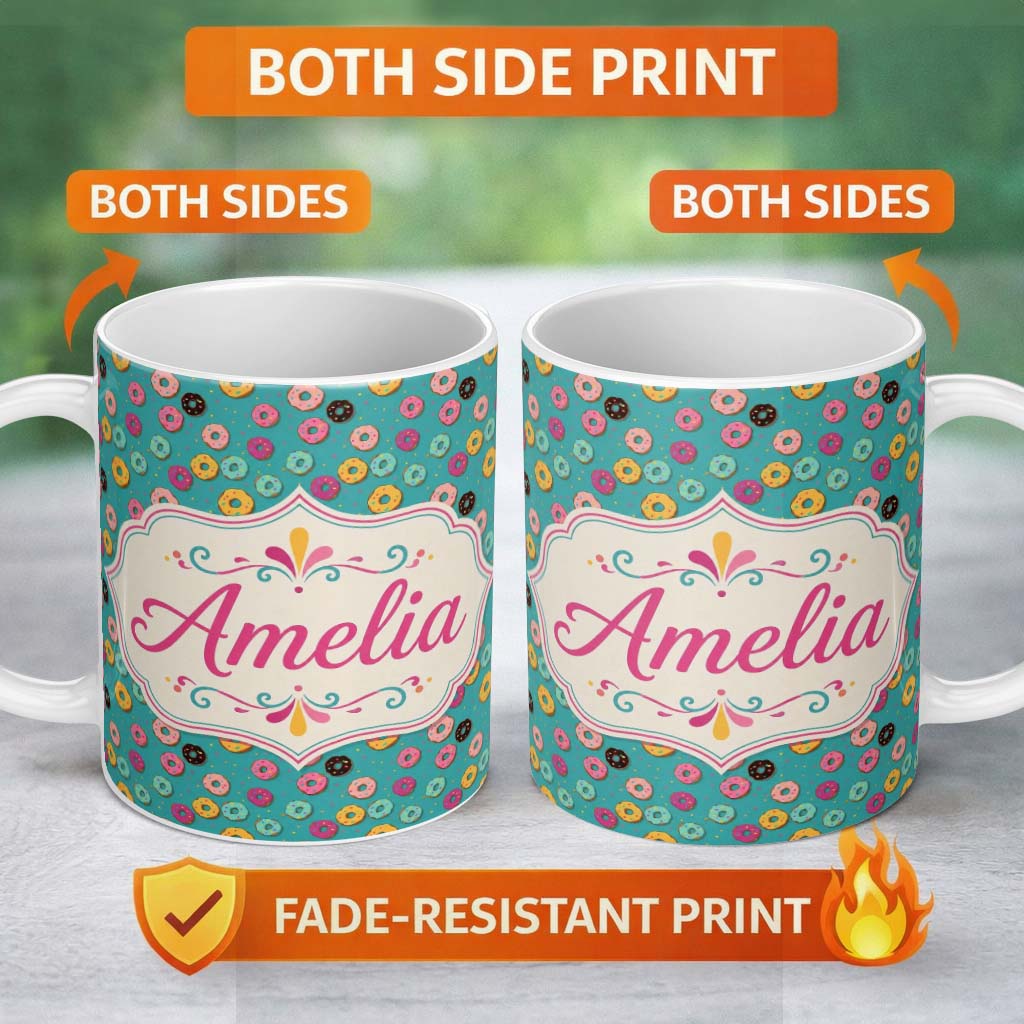 Personalized Custom Name Pastel Donut Sweet Treat Seamless Pattern Name Cute Unique Gift 11oz Ceramic Coffee Tea Mug White Large Handle