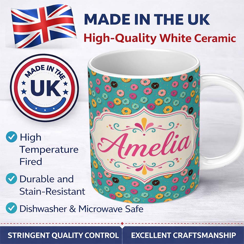 Personalized Custom Name Pastel Donut Sweet Treat Seamless Pattern Name Cute Unique Gift 11oz Ceramic Coffee Tea Mug White Large Handle