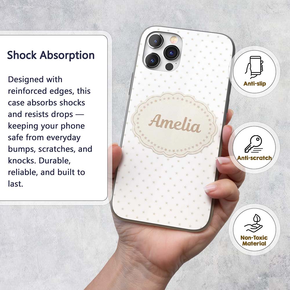 Minimal Gold Star Seamless Pattern on Soft Grey Custom Name Protective Phone Case Mobile Cover Durable Everyday Smartphone Shock Resistant