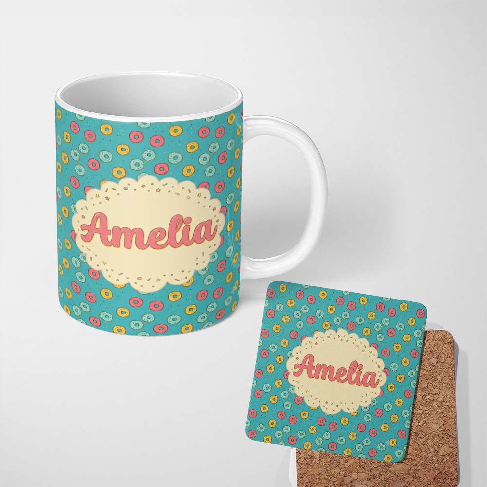Personalized Custom Name Playful Donut Candy Sprinkle Seamless Pattern Custom Name Cute 11oz Ceramic Coffee Tea Mug White Large Handle