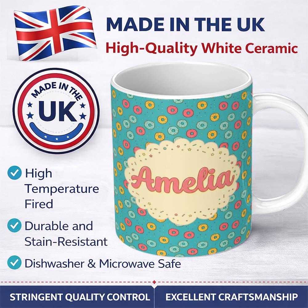 Personalized Custom Name Playful Donut Candy Sprinkle Seamless Pattern Custom Name Cute 11oz Ceramic Coffee Tea Mug White Large Handle