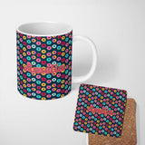 Personalized Custom Name Colorful Donut Pattern on Dark Blue Background Seamless Name Cute 11oz Ceramic Coffee Tea Mug White Large Handle
