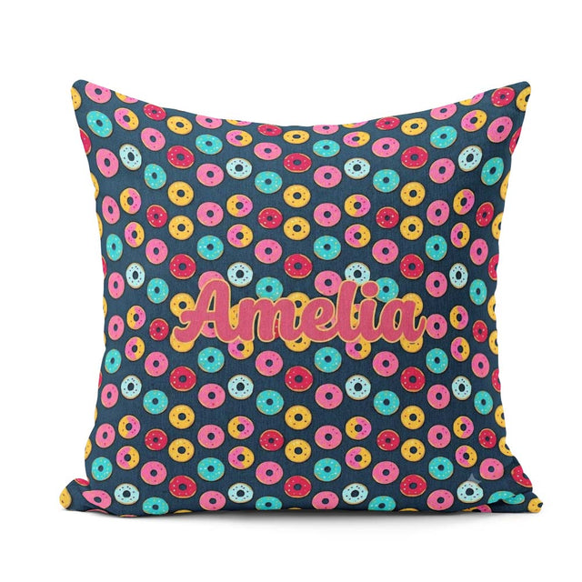 Custom Name Colorful Donut on Dark Blue Background Seamless Name Square Filled Cushion Throw Pillow Sofa Bed Home Decor Zip Washable UK Made