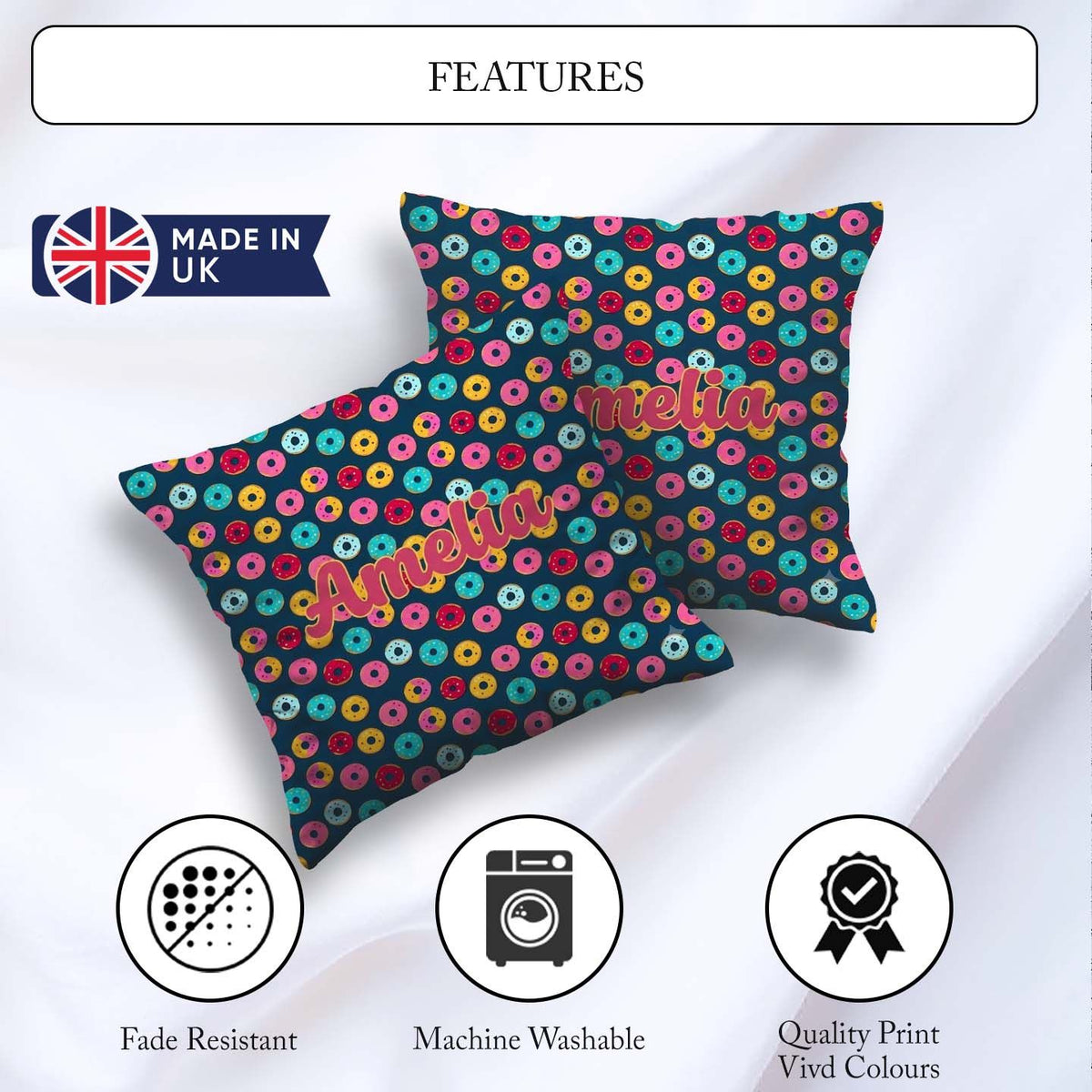 Custom Name Colorful Donut on Dark Blue Background Seamless Name Square Filled Cushion Throw Pillow Sofa Bed Home Decor Zip Washable UK Made