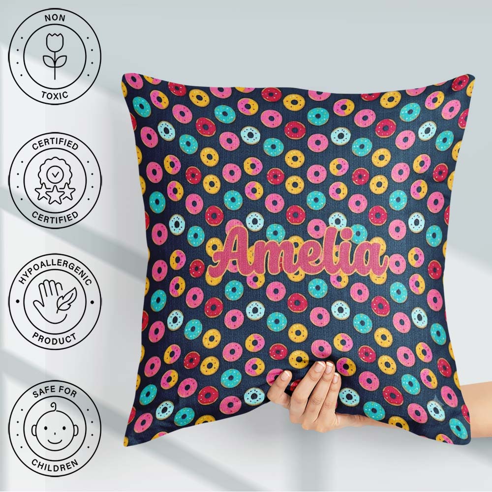 Custom Name Colorful Donut on Dark Blue Background Seamless Name Square Filled Cushion Throw Pillow Sofa Bed Home Decor Zip Washable UK Made