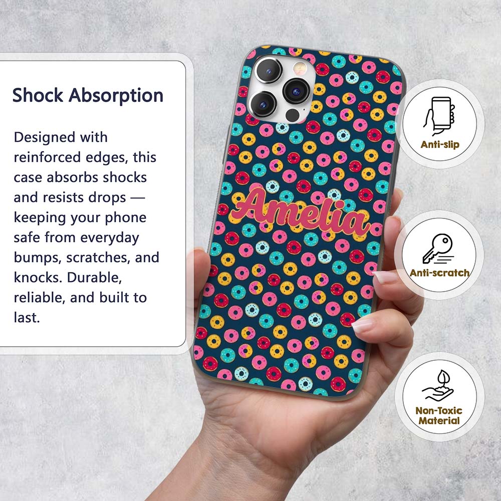 Colorful Donut Pattern on Dark Blue Background Custom Name Protective Phone Case Mobile Cover Durable Everyday Smartphone Shock Resistant