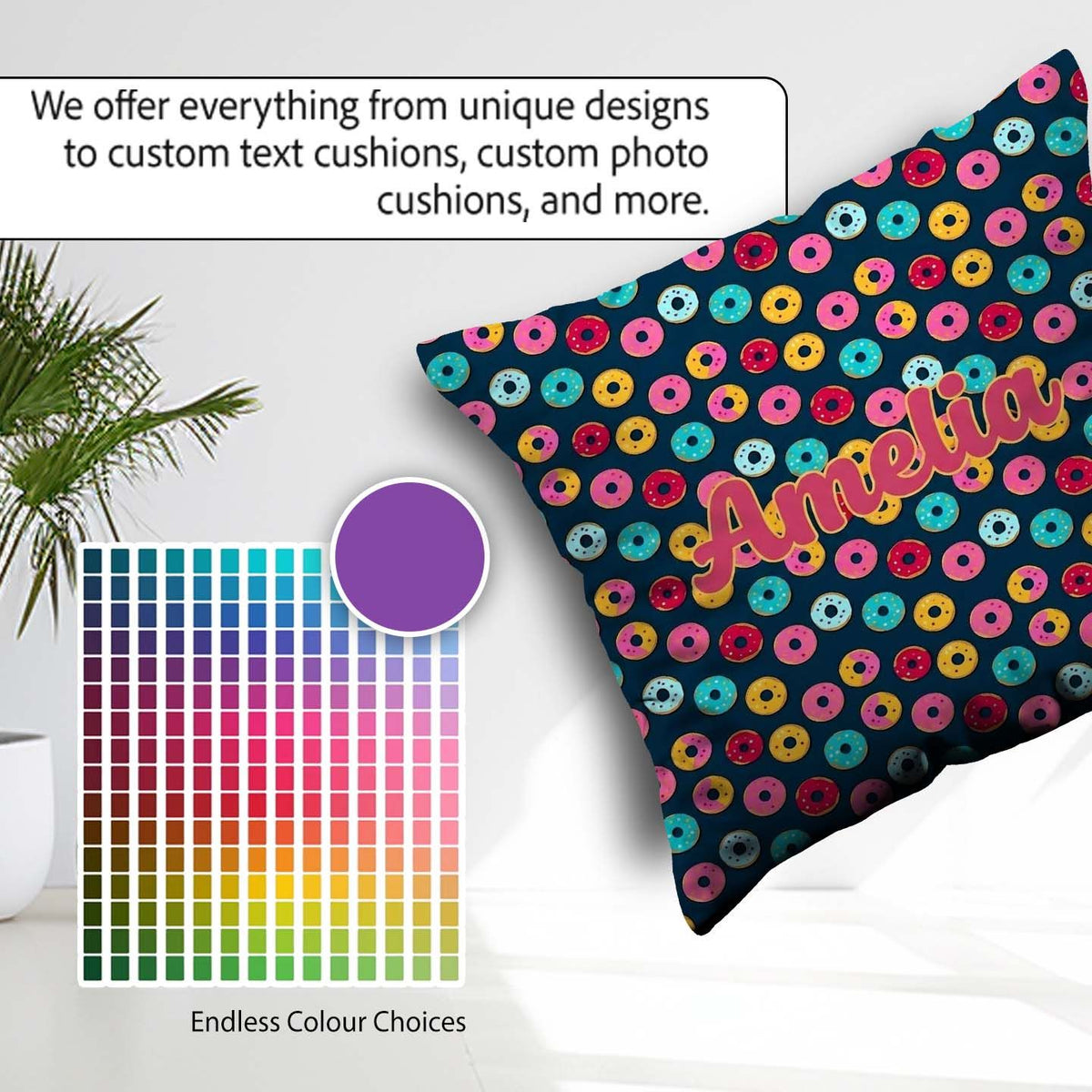 Custom Name Colorful Donut on Dark Blue Background Seamless Name Square Filled Cushion Throw Pillow Sofa Bed Home Decor Zip Washable UK Made