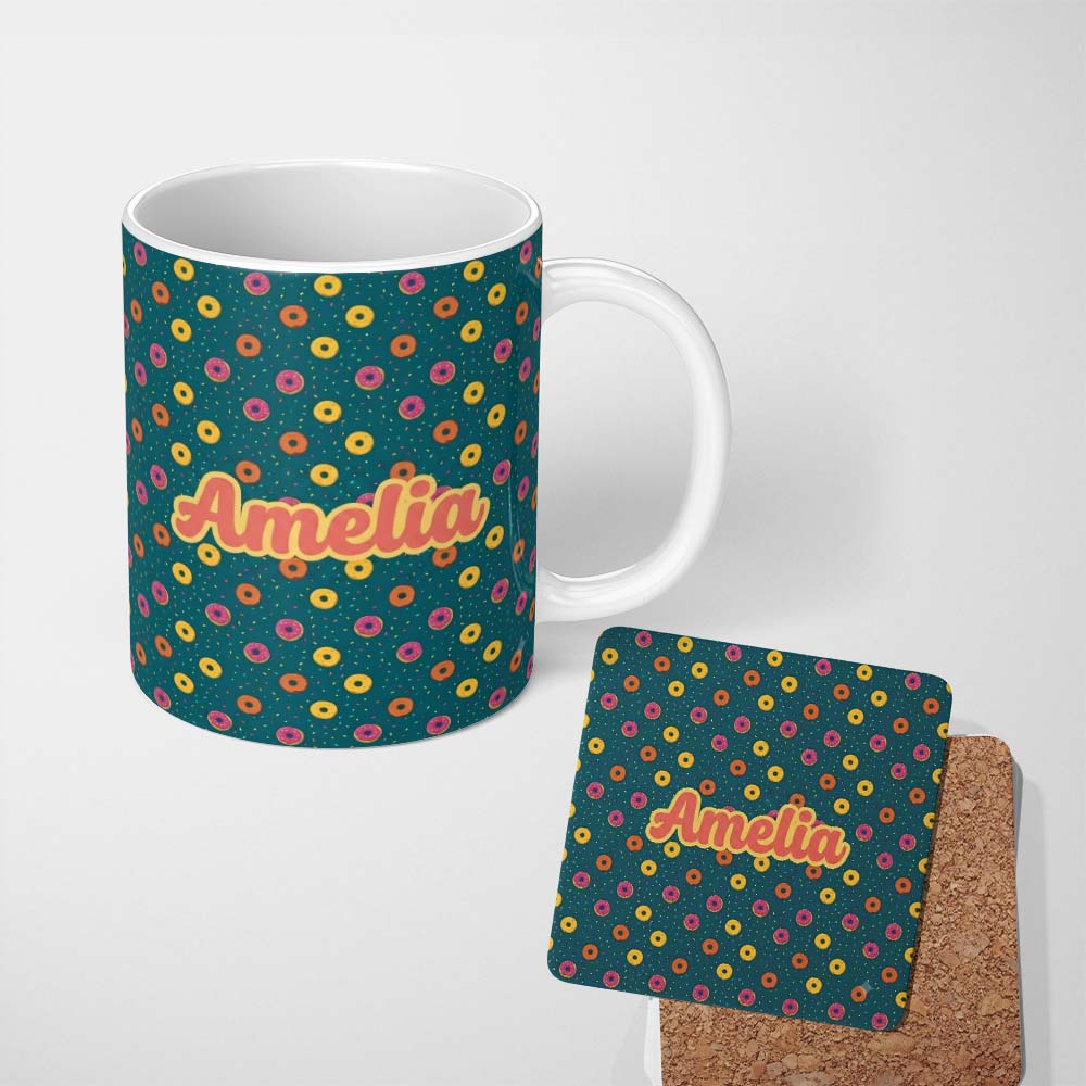 Personalized Custom Name Fun Sprinkle Donut Pattern on Teal Background Seamless Name Cute 11oz Ceramic Coffee Tea Mug White Large Handle