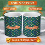 Personalized Custom Name Fun Sprinkle Donut Pattern on Teal Background Seamless Name Cute 11oz Ceramic Coffee Tea Mug White Large Handle