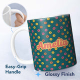 Personalized Custom Name Fun Sprinkle Donut Pattern on Teal Background Seamless Name Cute 11oz Ceramic Coffee Tea Mug White Large Handle