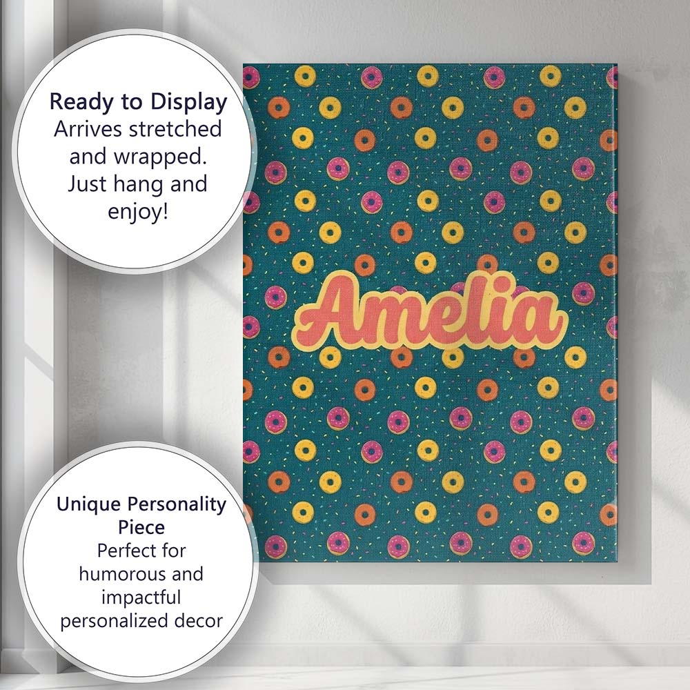 Personalised Name Fun Sprinkle Donut Custom Premium Decorative Design Modern Room Accent Canvas Wall Art Print Decor Picture Ready to Hang