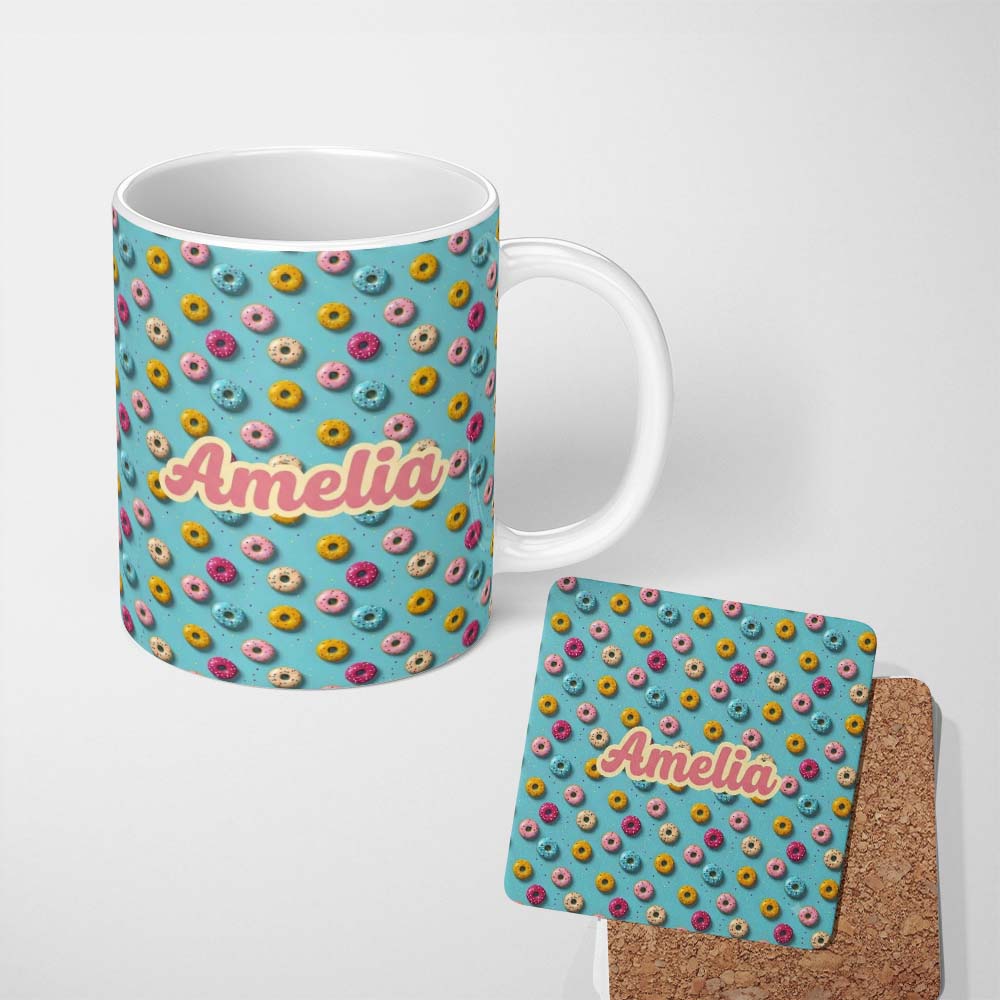 Personalized Custom Name Pastel Donut Sweet Treat Pattern on Blue Background Seamless Name 11oz Ceramic Coffee Tea Mug White Large Handle