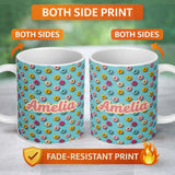 Personalized Custom Name Pastel Donut Sweet Treat Pattern on Blue Background Seamless Name 11oz Ceramic Coffee Tea Mug White Large Handle