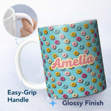 Personalized Custom Name Pastel Donut Sweet Treat Pattern on Blue Background Seamless Name 11oz Ceramic Coffee Tea Mug White Large Handle