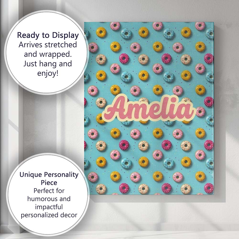 Personalised Name Pastel Donut Sweet Treat Custom  Unique Gift Idea Elegant Feature Canvas Wall Art Print Decor Picture Ready to Hang
