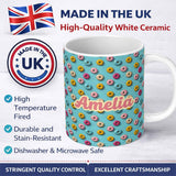 Personalized Custom Name Pastel Donut Sweet Treat Pattern on Blue Background Seamless Name 11oz Ceramic Coffee Tea Mug White Large Handle