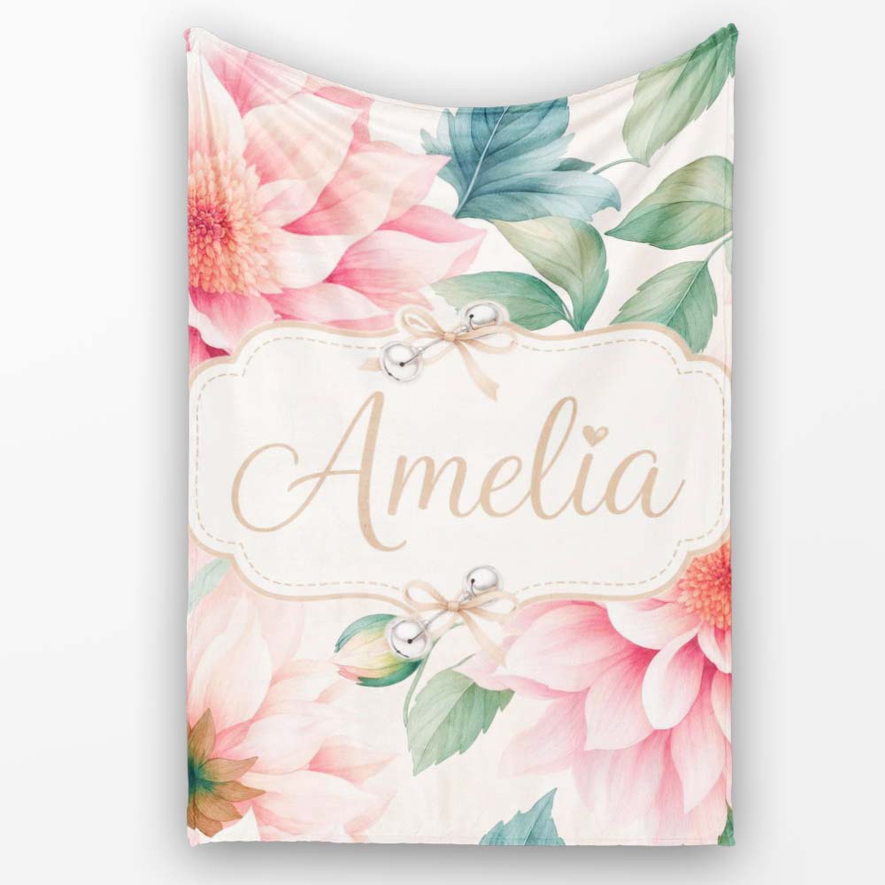 Watercolor Pink Peony Floral Botanical Seamless Pattern Lovely  Personalised Custom Name Super Soft Fleece Blanket Bed Sofa Throw
