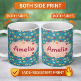 Personalized Custom Name Playful Donut Sprinkle Pattern on Blue Background Seamless Name Cute 11oz Ceramic Coffee Tea Mug White Large Handle