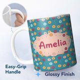Personalized Custom Name Playful Donut Sprinkle Pattern on Blue Background Seamless Name Cute 11oz Ceramic Coffee Tea Mug White Large Handle