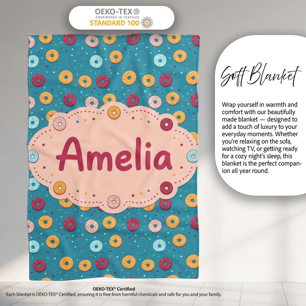 Playful Donut Sprinkle Pattern on Blue Background Seamless Name Cute  Personalised Custom Name Super Soft Fleece Blanket Bed Sofa Throw