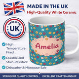 Personalized Custom Name Playful Donut Sprinkle Pattern on Blue Background Seamless Name Cute 11oz Ceramic Coffee Tea Mug White Large Handle