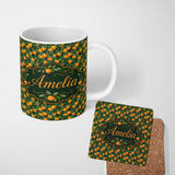 Personalized Custom Name Orange Fruit Leaves Dense Botanical Seamless Pattern Name Cute 11oz Ceramic Coffee Tea Mug White Large Handle