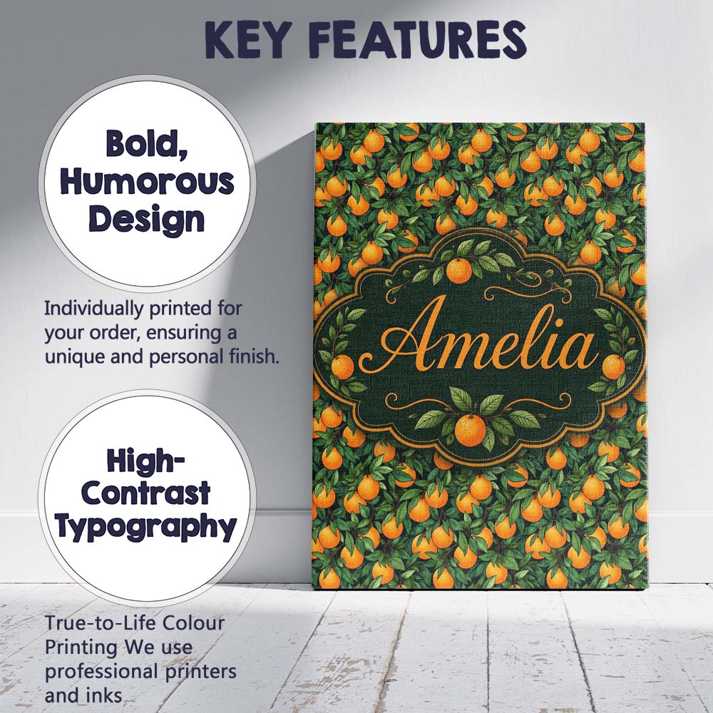 Personalised Name Orange Fruit Leaves Dense Custom  Bespoke Interior Contemporary Canvas Wall Art Print Decor Picture Ready to Hang