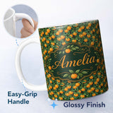 Personalized Custom Name Orange Fruit Leaves Dense Botanical Seamless Pattern Name Cute 11oz Ceramic Coffee Tea Mug White Large Handle