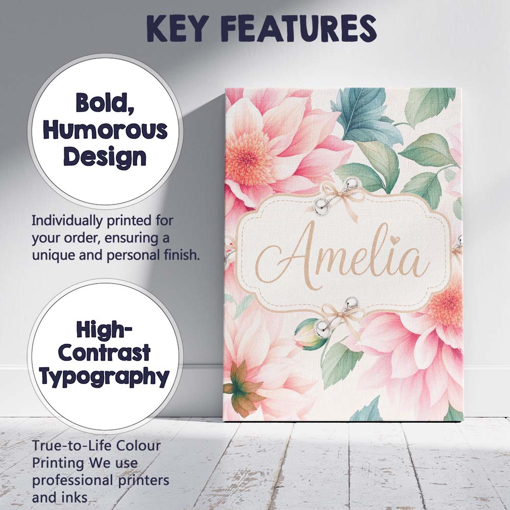 Personalised Name Watercolor Pink Peony Custom  Modern Room Accent Elegant Feature Canvas Wall Art Print Decor Picture Ready to Hang