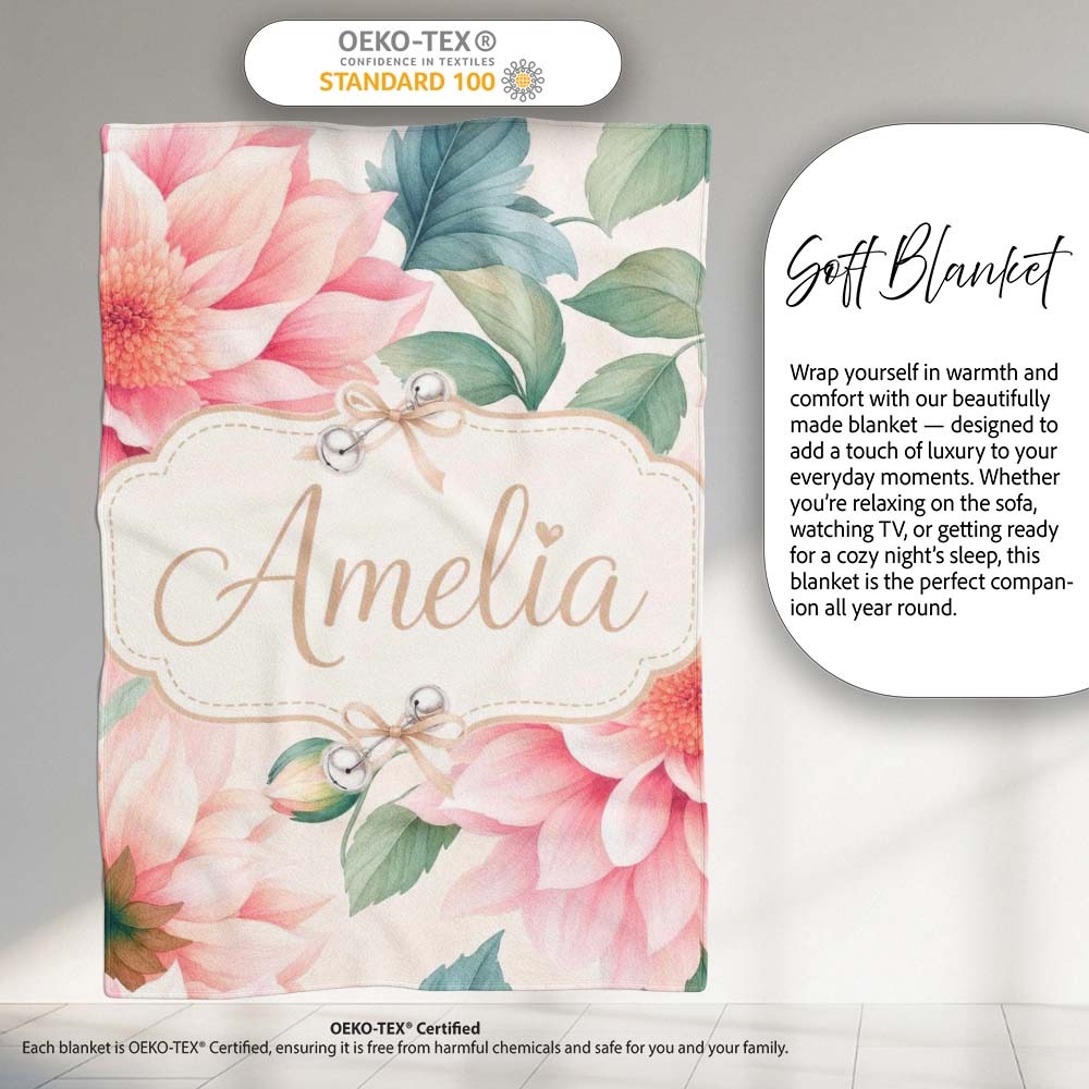 Watercolor Pink Peony Floral Botanical Seamless Pattern Lovely  Personalised Custom Name Super Soft Fleece Blanket Bed Sofa Throw