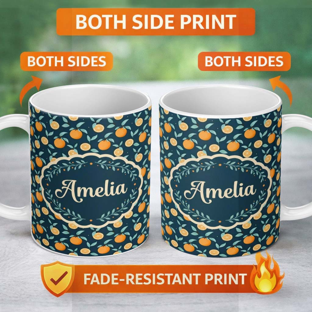 Personalized Custom Name Cute Orange Slice and Leaf Pattern on Dark Background Seamless 11oz Ceramic Coffee Tea Mug White Large Handle