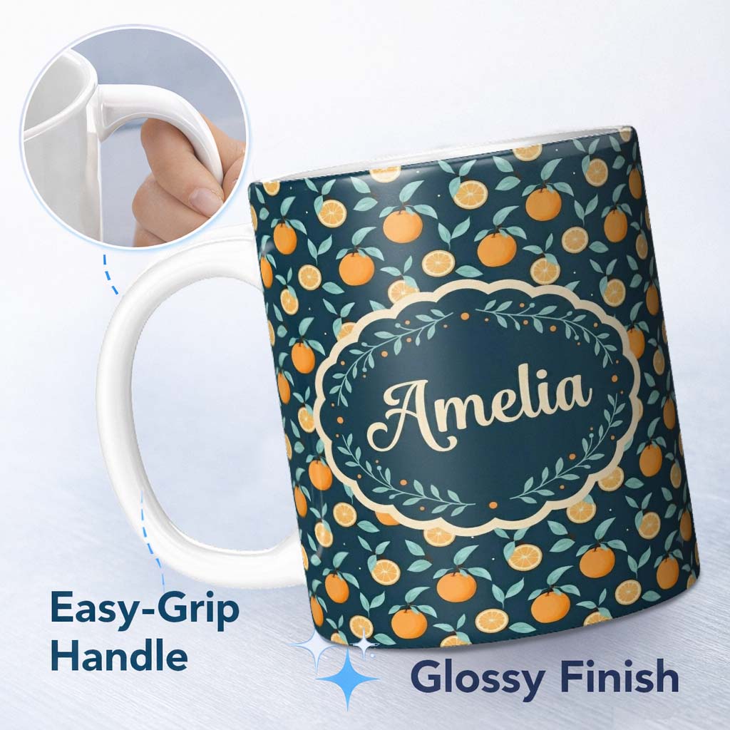 Personalized Custom Name Cute Orange Slice and Leaf Pattern on Dark Background Seamless 11oz Ceramic Coffee Tea Mug White Large Handle