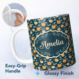 Personalized Custom Name Cute Orange Slice and Leaf Pattern on Dark Background Seamless 11oz Ceramic Coffee Tea Mug White Large Handle