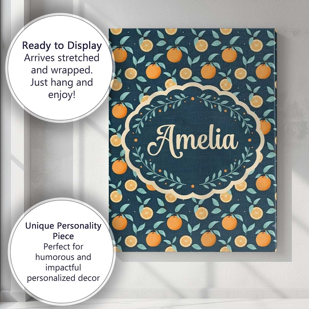 Personalised Name Cute Orange Slice and Custom  Modern Room Accent Elegant Feature Canvas Wall Art Print Decor Picture Ready to Hang