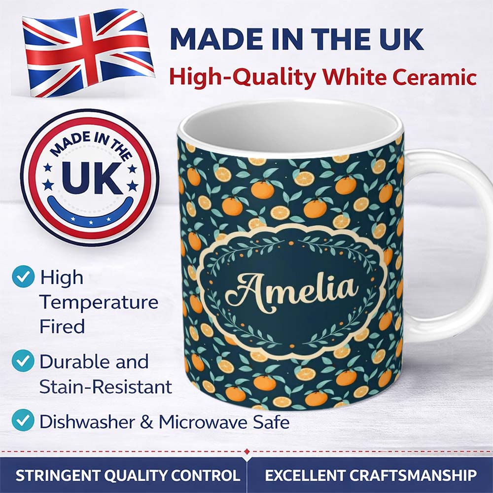 Personalized Custom Name Cute Orange Slice and Leaf Pattern on Dark Background Seamless 11oz Ceramic Coffee Tea Mug White Large Handle