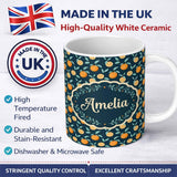 Personalized Custom Name Cute Orange Slice and Leaf Pattern on Dark Background Seamless 11oz Ceramic Coffee Tea Mug White Large Handle