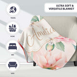 Watercolor Pink Peony Floral Botanical Seamless Pattern Lovely  Personalised Custom Name Super Soft Fleece Blanket Bed Sofa Throw