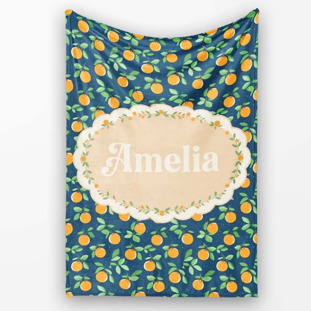 Simple Orange Fruit Toss Pattern on Blue Background Seamless Name  Personalised Custom Name Super Soft Fleece Blanket Bed Sofa Throw