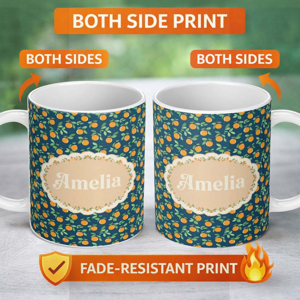 Personalized Custom Name Simple Orange Fruit Toss Pattern on Blue Background Seamless Name 11oz Ceramic Coffee Tea Mug White Large Handle