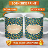 Personalized Custom Name Simple Orange Fruit Toss Pattern on Blue Background Seamless Name 11oz Ceramic Coffee Tea Mug White Large Handle
