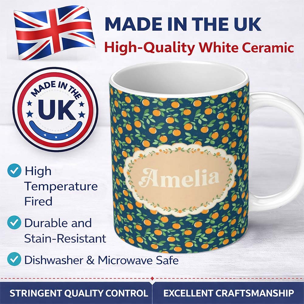 Personalized Custom Name Simple Orange Fruit Toss Pattern on Blue Background Seamless Name 11oz Ceramic Coffee Tea Mug White Large Handle