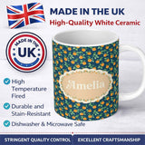 Personalized Custom Name Simple Orange Fruit Toss Pattern on Blue Background Seamless Name 11oz Ceramic Coffee Tea Mug White Large Handle