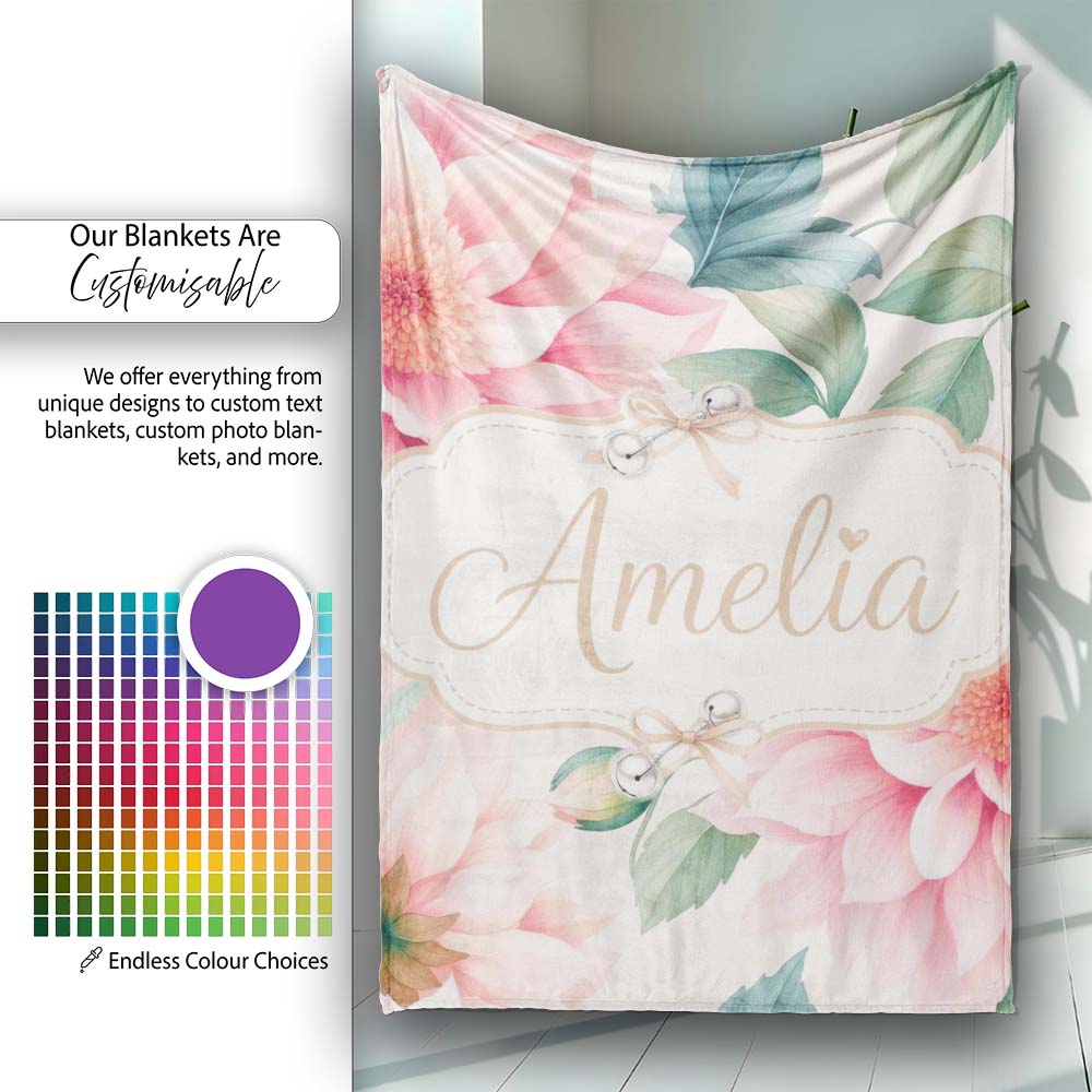 Watercolor Pink Peony Floral Botanical Seamless Pattern Lovely  Personalised Custom Name Super Soft Fleece Blanket Bed Sofa Throw