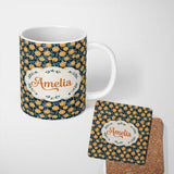 Personalized Custom Name Detailed Orange Slice and Leaf Pattern on Dark Blue Seamless Name 11oz Ceramic Coffee Tea Mug White Large Handle