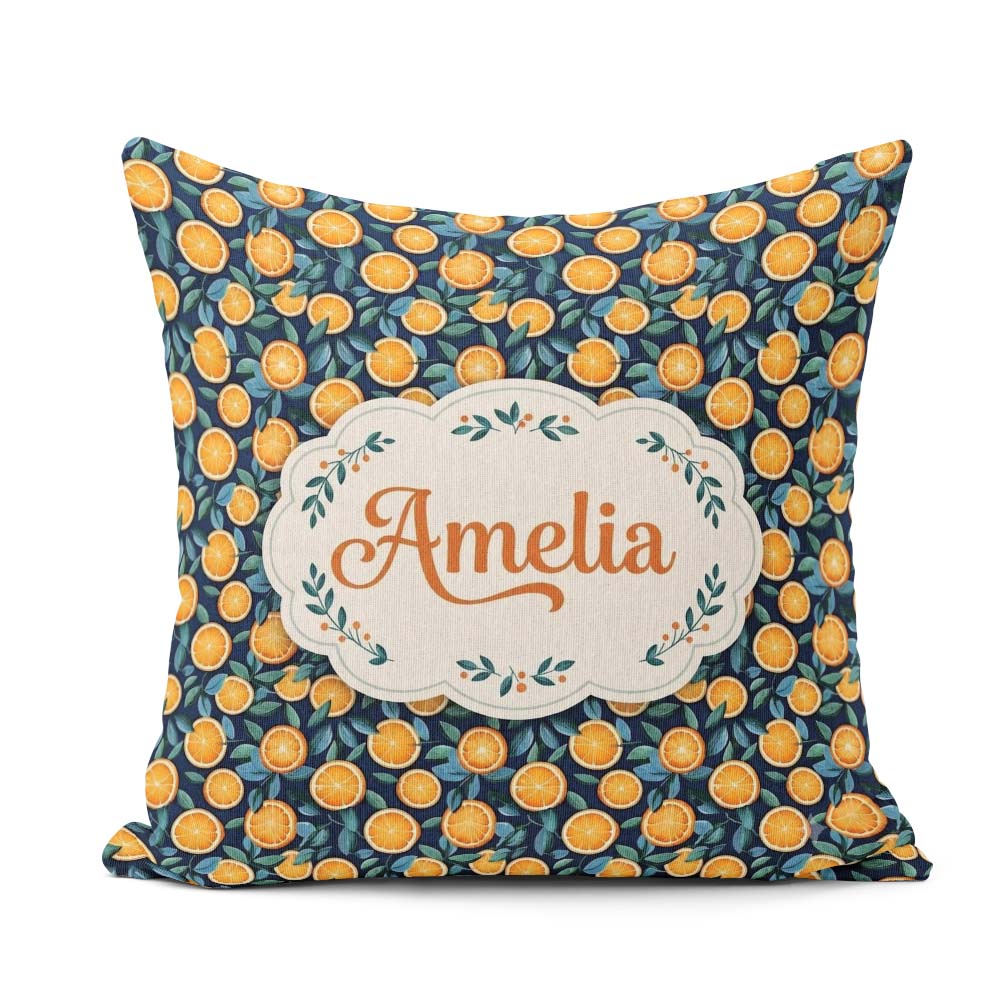 Custom Name Detailed Orange Slice and Leaf on Dark Blue Seamless Square Filled Cushion Throw Pillow Sofa Bed Home Decor Zip Washable UK Made